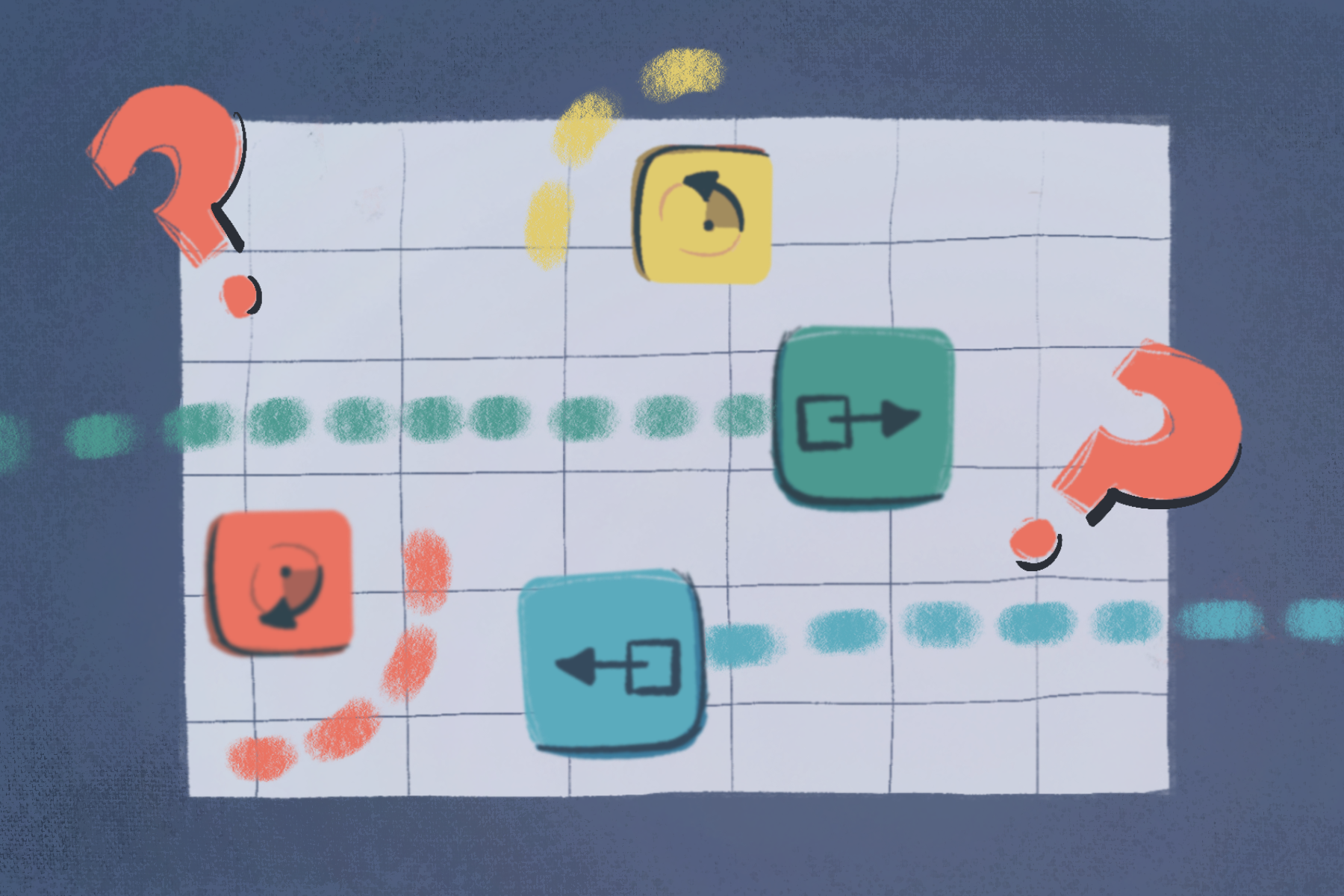 An illustration showing movement action blocks and dotted paths around them. There are two large question marks on each side of the image.